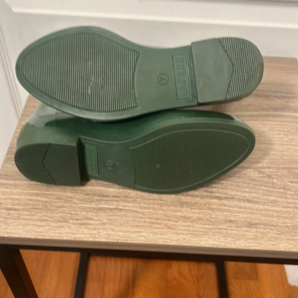 RALPH LAUREN ANKLE RUBBER RAIN BOOTS IN OLIVE GREEN AND GOLD ELASTIC SIZE 7 - Picture 6 of 6